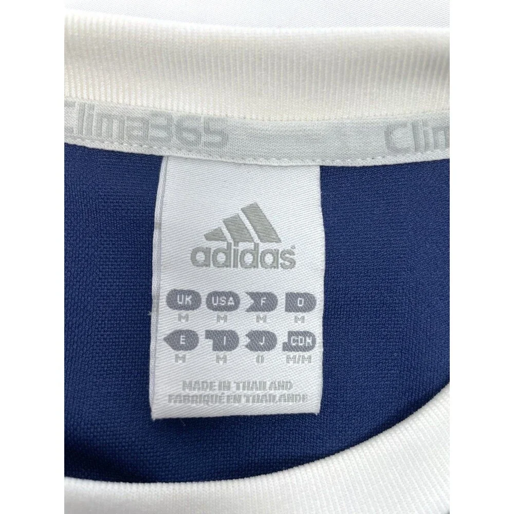 Adidas Shirt Men MEDIUM Blue White Soccer Short Sleeve Jersey ClimaLite 3 Stripe